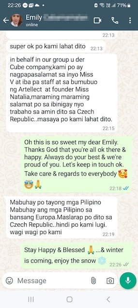 WhatsApp message from Emily