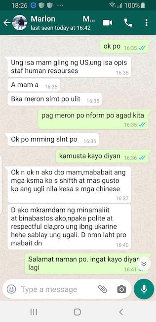 WhatsApp message from Marlon