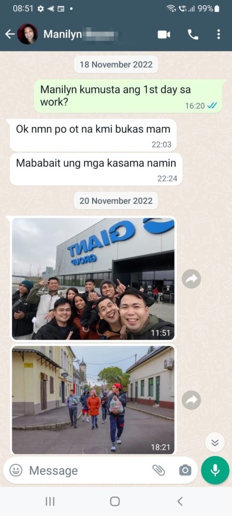 WhatsApp message from Manilyn